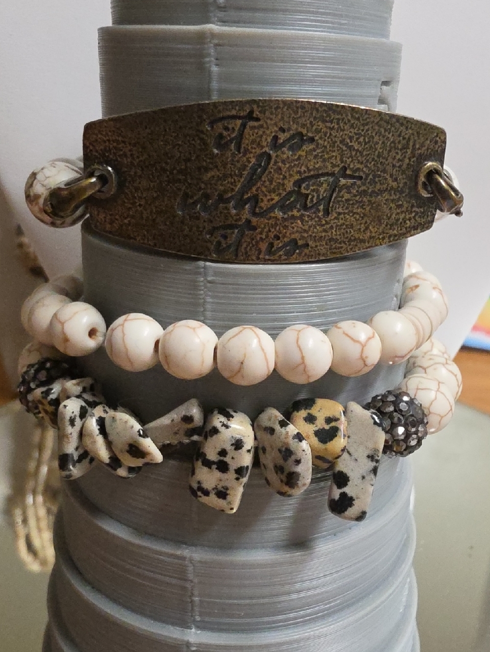 Dalmation Jasper Howlite And Brass " It Is What It Is" Set Of Three Bracelets.